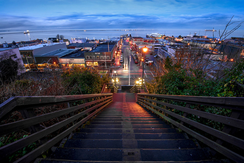 View of Port Angeles and harbor at twilight. Photo by Roger Mosley