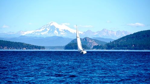Mt Baker behind Lopez and Shaw Islands in the San Juan Islands